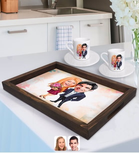 BK Gift Kişiye Özel Sevgililer Karikatürlü Doğal Ahşap Tepsi ve 2’li Kahve Fincan Seti-94