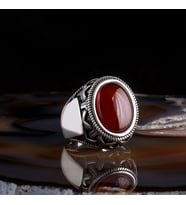 KIRMIZI AKİK TAŞLI OVAL MODEL 925 AYAR GÜMÜŞ ERKEK YÜZÜK (Gri)