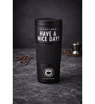 Have A Nice Day 600 Ml Çelik Termos Mug Çift Katmanlı Isı Yalıtımlı Sızdırmaz Bardak (Ekru-Siyah)