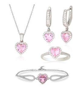 925 Ayar Gümüş Swarovski Pembe Kalp Takı Seti