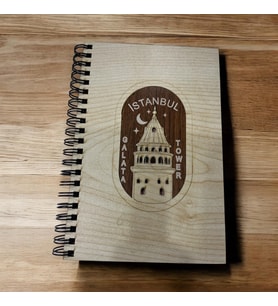 İstanbul Galata Tower baskılı ahşap kapak organik not hatıra defteri (Krem)