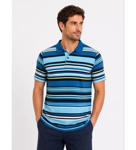 Babs Erkek Flamlı Penye Çizgili Polo Yaka Mavi Tişört Kısa Kol Yazlık T-Shirt