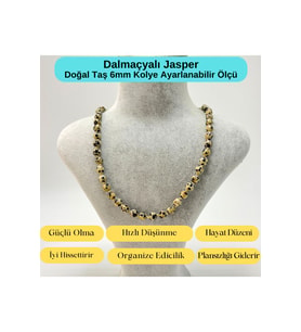 SERTİFİKALI Dalmaçyalı Jasper Doğal Taş 6mm Makrome Kolye 45cm- 55cm Ayarlanabilir Ölçü