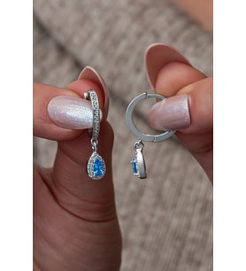 925 Ayar Gümüş 15 Mm Halka Aquamarin Damla Taşlı Küpe