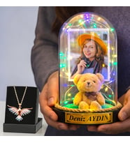 Kişiye Özel Renkli Led Işıklı Ayıcıklı Fanus ve Renkli Anka Kuşu Kolye