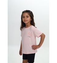 Toontoy Kız Çocuk Göğsü Çok Kalp Baskılı Tişört (Pudra)