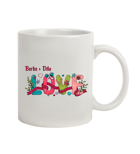İsme Özel Kupa Bardak - Çiçekli Love Temalı (Beyaz)