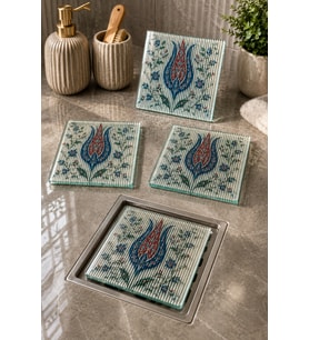 Çini Lale Desenli Nervürlü Cam Gider Kapağı 4'lü Takım 15cm X 15cm