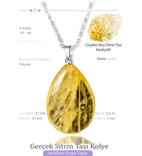 Sertifikalı Damla Model Gerçek Sitrin Taşı Kolye - Gümüş Aparatlı (Çok Renkli)