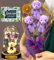 Kişiye Özel Led Işıklı Fanus ve Mor Peluş Ayıcık Buketi - Premium Hediye Seti (Model 1)