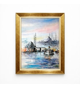 Tablore Altın Çerçeveli İstanbul Ortaköy Suluboya Tablosu Manzara Duvar Dekoru