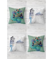 Ramazan Temalı Eid Mübarek Mescidli Gizli Fermuarlı Kırlent Kılıfı Koltuk Yastık Kılıfı Takım(4adet) (Su Yeşili)