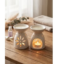 Simli 2'li Buhurdanlık Seti – Çiçek Desenli Seramik Mum Yakıcı 11x8 cm