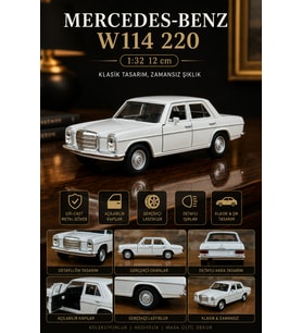 Beyaz Mercedes-Benz W114 220 Klasik Metal Maket Araba 1:32 Ölçek 12 cm Diecast Koleksiyon