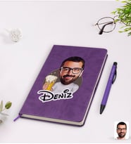 BK Gift Kişiye Özel Erkek Karikatürlü Mor Termo Deri Defter Kalem Seti Model 51