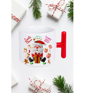 Noel Baba Happy Christmas Baskılı Kırmızı T Saplı Kupa Bardak Porselen Çay Kahve Fincanı