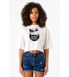 Merry Christmas Sleigh Beyaz Kırçıllı Kadın Crop Tshirt