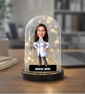 BK Gift Kişiye Özel Kadın Doktor Karikatürlü Led Işıklı Cam Fanus Biblo -1, Mesleki Hediye, Sevgiliye-Arkadaşa Hediye
