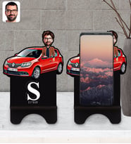 BK Gift Kişiye Özel Plakalı Erkek Renault Sandero Karikatürlü Ahşap Biblo Telefon Standı-1
