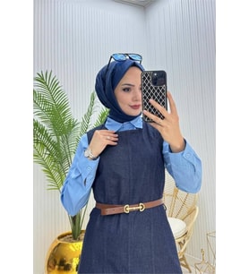 Kadın kemerli denim jile gömlek tesettür üçlü takım DPNMS073
