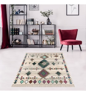 Kilim Desenli Etnik Dijital Baskı Yıkanabilir Kaymaz Taban Modern Salon Halı ve Yolluk (Bej)