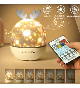 ShopyTech Bluetooth Hoparlörlü Yıldızlı Gece Lambası Projektör Geyik Boynuzlu Döner Işık Uzaktan Kum