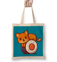 Cute Cat On Sushi Salmon Cartoon Bez Çanta Uzun Saplı
