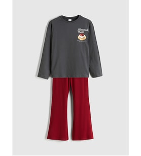 LCW Kids Gri Bisiklet Yaka Baskılı Kız Çocuk Pijama Takımı