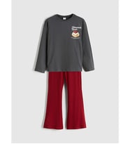 LCW Kids Gri Bisiklet Yaka Baskılı Kız Çocuk Pijama Takımı