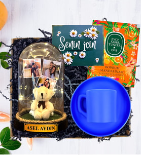 İsimli, 3 Fotoğraflı ve Işıklı Fanus & Mavi Kahve Fincanı  Kişiye Özel Premium Set (Model 1)