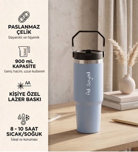 Kişiye Özel Hediyelik Pipetli Büyük Çelik Termos 900 mL. Açık Mavi