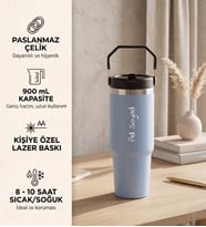 Kişiye Özel Hediyelik Pipetli Büyük Çelik Termos 900 mL. Açık Mavi