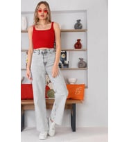 Rich Star Ön Cepsiz Paça Kesimli Bol Paça Yüksek Bel Kot Pantolon (Açık Gri)