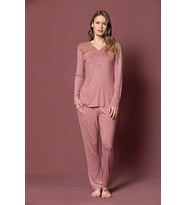 Monamise Kadın Yakası ve Omzu Dantelli Önü Düğmeli Pijama Takımı