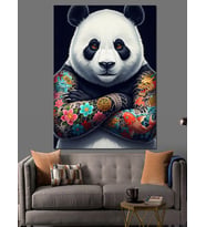 Çiçekli Dövmelere Sahip Modern Panda Dekoratif Kanvas - Mdf Ahşap Tablo