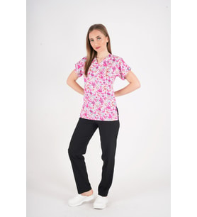 Unisex Pembe Prenses Desenli Likralı Scrubs Hemşire Doktor Hastane Üniforma Takımı (Pembe-Sıyah)