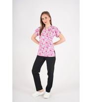 Unisex Pembe Prenses Desenli Likralı Scrubs Hemşire Doktor Hastane Üniforma Takımı (Pembe-Sıyah)