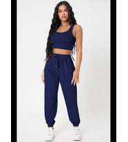 Fantezia Night Kadın Siyah Kaşkorse Cepli Jogger Eşofman Altı ve Crop Top Bluz