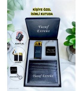 Kişiye Özel İsimli Çift Ateşli Lüks Çakmak & Kartlık & Anahtarlık 3 Lü Hediye Set Özel İsimli Kutulu
