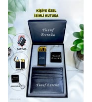 Kişiye Özel İsimli Çift Ateşli Lüks Çakmak & Kartlık & Anahtarlık 3 Lü Hediye Set Özel İsimli Kutulu