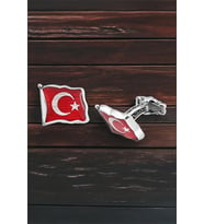 Gümüş Dalgalı Türk Bayrağı Mineli Kol Düğmesi