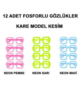 Fosforlu Kare Model Glow Parti Gözlüğü Karanlıkta Yanan Gözlükler 12 Adet