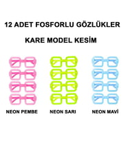 Fosforlu Kare Model Glow Parti Gözlüğü Karanlıkta Yanan Gözlükler 12 Adet