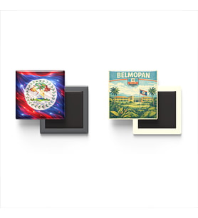 Buzdolap Magnetleri - Belize Bayrağı ve Belmopan Retro Tema - 2'li Set Magneti