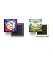 Buzdolap Magnetleri - Belize Bayrağı ve Belmopan Retro Tema - 2'li Set Magneti