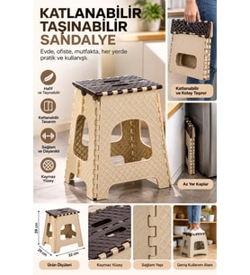 Katlanabilir Taşınabilir Plastik Tabure Bej Kahverengi Kamp Piknik Bahçe Mutfak Sandalyesi