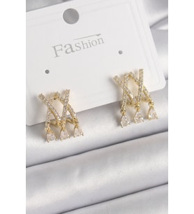 Pirinç Gold Renk Zirkon Taşlı X Model Sallantı Detay Kadın Küpe - TJ-BKP9872