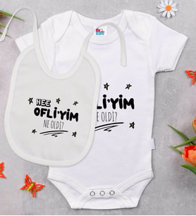 BK Kids Ofliyim Ne Oldi Tasarımlı Beyaz Bebek Body Zıbın ve Mama Önlüğü Hediye Seti-1