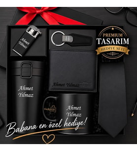 İsme Özel Premium Hediye Seti - Hakiki Deri Cüzdan - Termos- Çakmak - Kravat - Anahtarlık - Kupa - Arkadaşa Eşe Sevgiliye Babaya Lüks Set