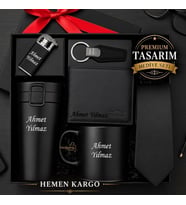 İsme Özel Premium Hediye Seti - Hakiki Deri Cüzdan - Çelik Termos- Çakmak - Kravat - Anahtarlık - Kupa - Arkadaşa Eşe Sevgiliye Babaya Lüks Set
